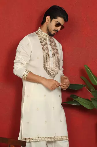 cotton silk zari embroidered yoke design cream kurta