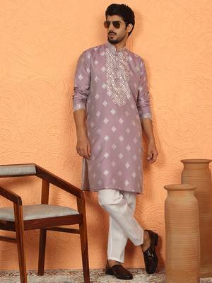 silk jacquard embroidered woven design mauve kurta 3
