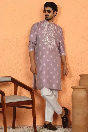 silk jacquard embroidered woven design mauve kurta