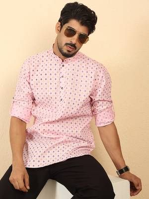 foil printed pink roll-up sleeves short kurta 1