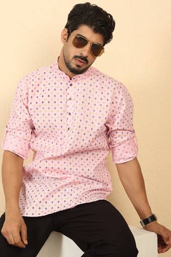 foil printed pink roll-up sleeves short kurta