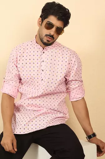 foil printed pink roll-up sleeves short kurta