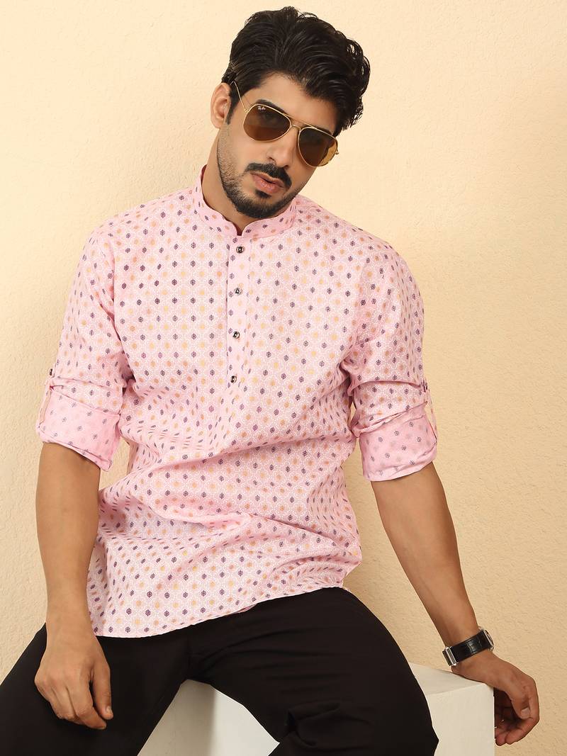 foil printed pink roll-up sleeves short kurta