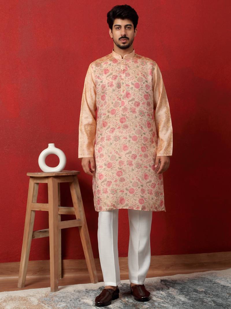 silk floral printed peach kurta
