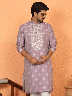 silk jacquard embroidered woven design mauve kurta 1