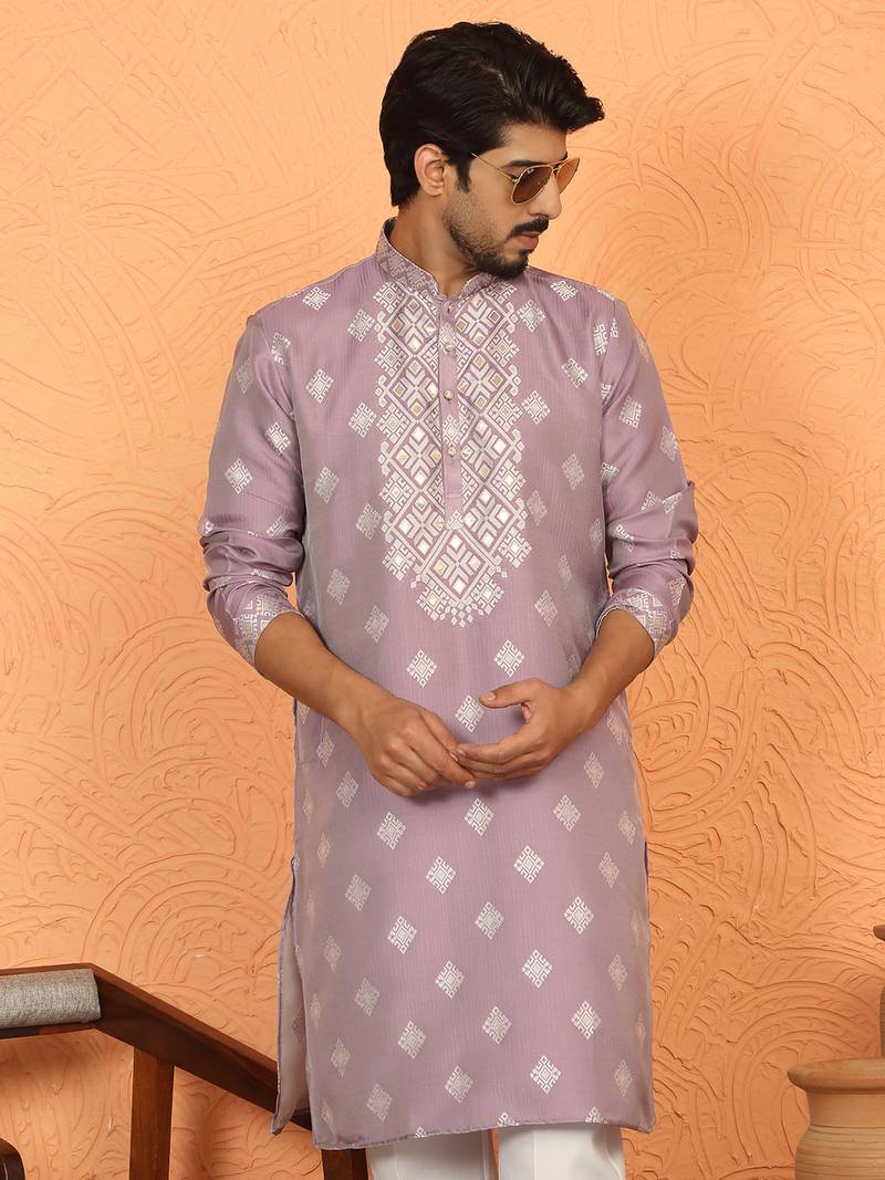 silk jacquard embroidered woven design mauve kurta