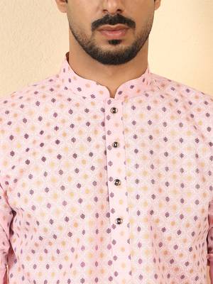 foil printed pink roll-up sleeves short kurta 2