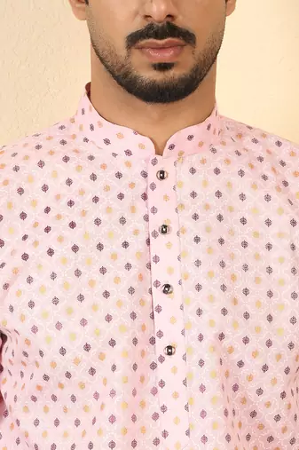 foil printed pink roll-up sleeves short kurta