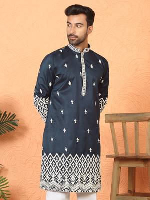ethnic cotton silk mirror work with floral embroidered detail daman work navy blue kurta 1