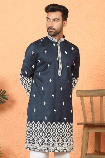 ethnic cotton silk mirror work with floral embroidered detail daman work navy blue kurta