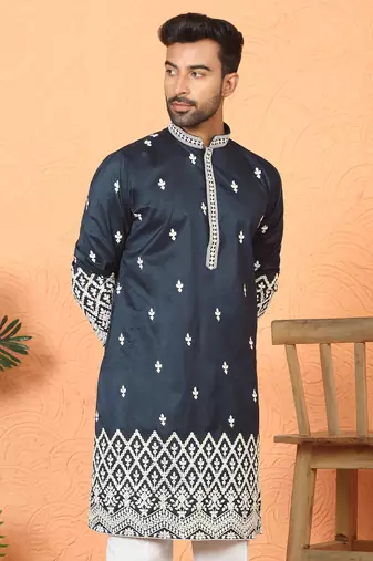 ethnic cotton silk mirror work with floral embroidered detail daman work navy blue kurta