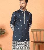 ethnic cotton silk mirror work with floral embroidered detail daman work navy blue kurta