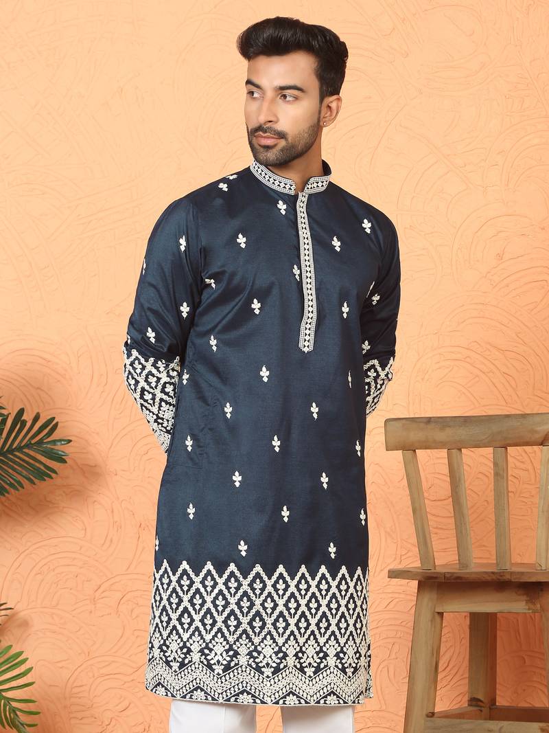 ethnic cotton silk mirror work with floral embroidered detail daman work navy blue kurta