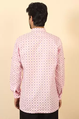 foil printed pink roll-up sleeves short kurta