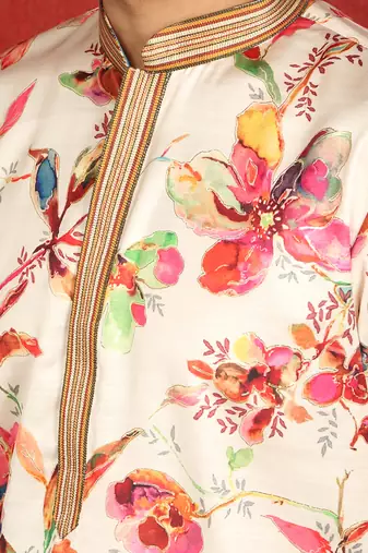 cotton silk floral printed anchor neck work cream kurta