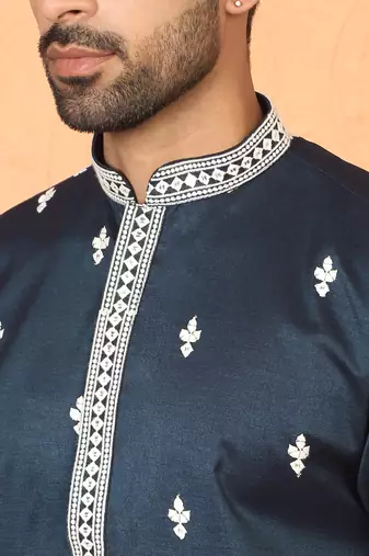 ethnic cotton silk mirror work with floral embroidered detail daman work navy blue kurta