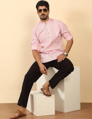 foil printed pink roll-up sleeves short kurta 4