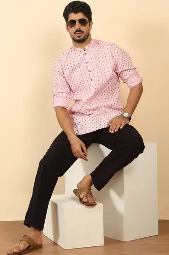 foil printed pink roll-up sleeves short kurta