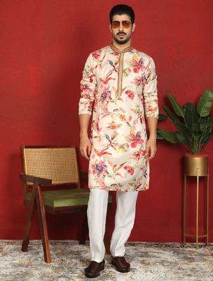 cotton silk floral printed anchor neck work cream kurta 3