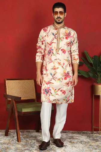 cotton silk floral printed anchor neck work cream kurta