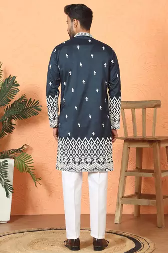 ethnic cotton silk mirror work with floral embroidered detail daman work navy blue kurta