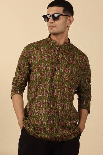 olive green paisley  cotton short kurta