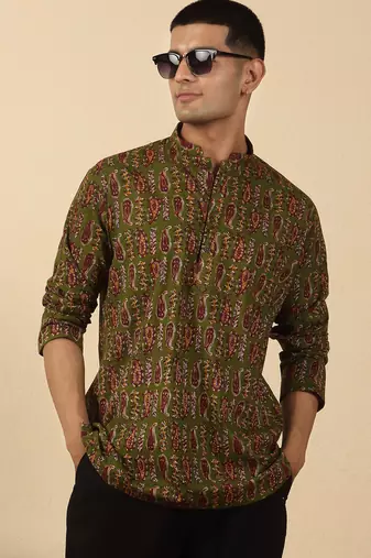 olive green paisley  cotton short kurta