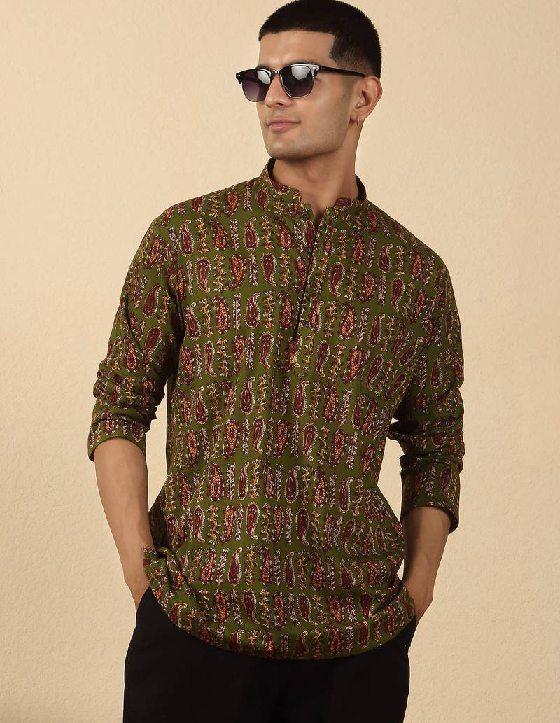 olive green paisley  cotton short kurta