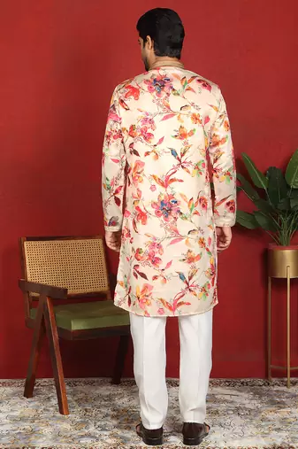 cotton silk floral printed anchor neck work cream kurta