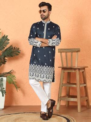 ethnic cotton silk mirror work with floral embroidered detail daman work navy blue kurta 4