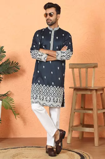 ethnic cotton silk mirror work with floral embroidered detail daman work navy blue kurta