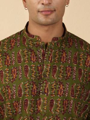 olive green paisley  cotton short kurta 2