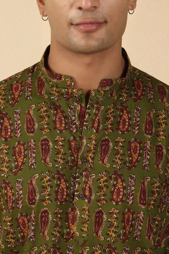 olive green paisley  cotton short kurta