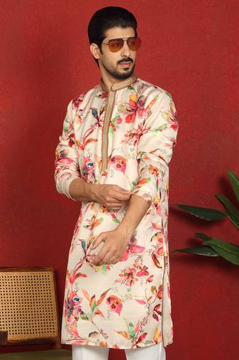 cotton silk floral printed anchor neck work cream kurta
