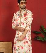 cotton silk floral printed anchor neck work cream kurta