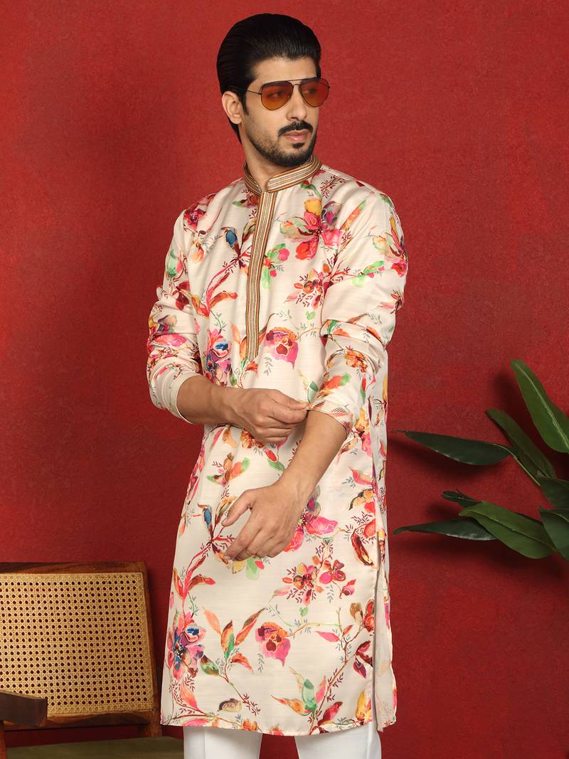 cotton silk floral printed anchor neck work cream kurta