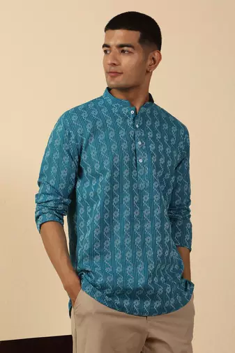  cotton teal blue short kurta
