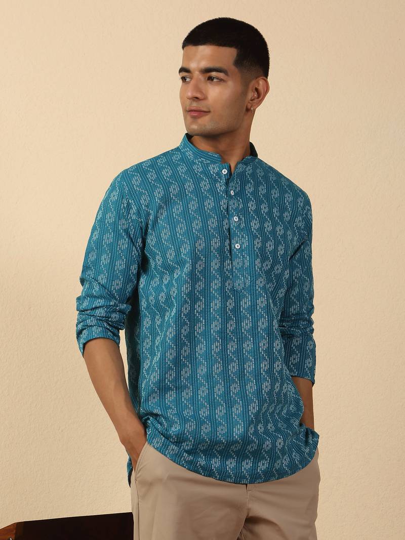  cotton teal blue short kurta
