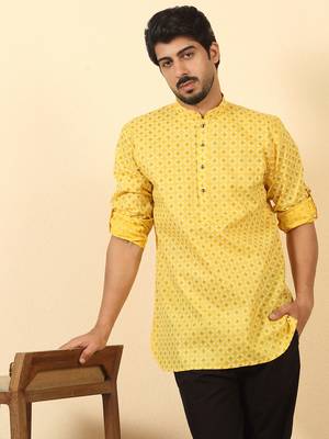 foil printed yellow roll-up sleeves short kurta 1