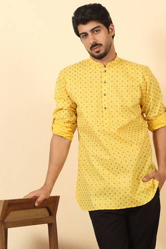 foil printed yellow roll-up sleeves short kurta
