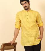 foil printed yellow roll-up sleeves short kurta