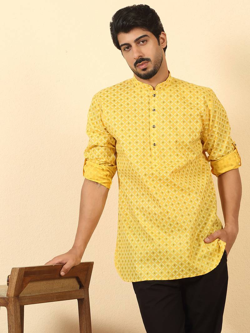 foil printed yellow roll-up sleeves short kurta