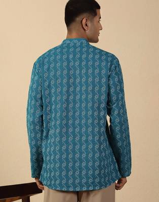  cotton teal blue short kurta 3