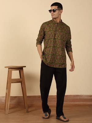 olive green paisley  cotton short kurta 4