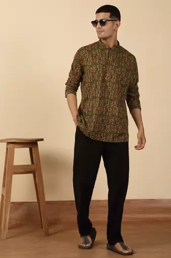 olive green paisley  cotton short kurta