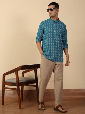  cotton teal blue short kurta 4
