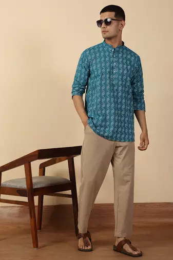  cotton teal blue short kurta