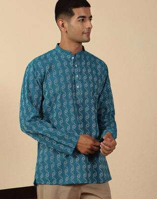  cotton teal blue short kurta 5