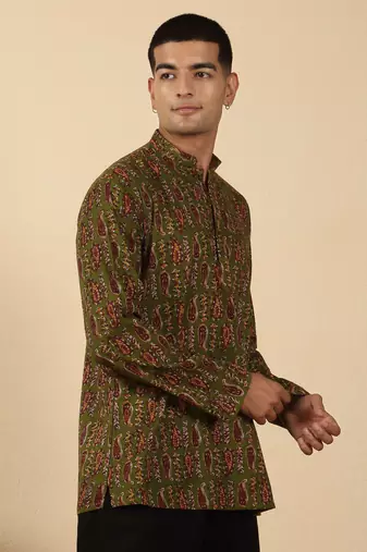 olive green paisley  cotton short kurta
