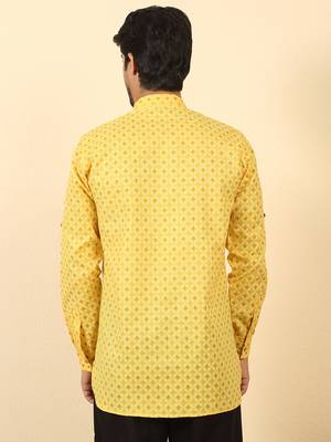 foil printed yellow roll-up sleeves short kurta 3